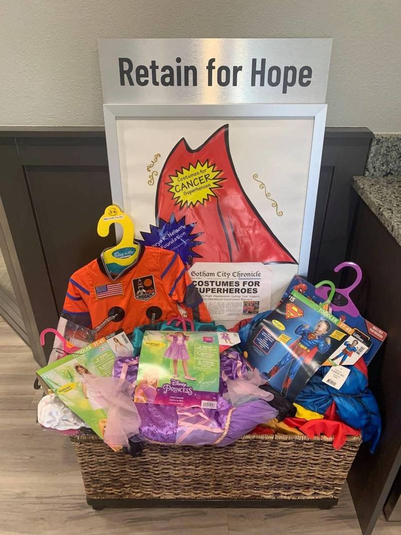 Basket of donated costumes for cancer patients